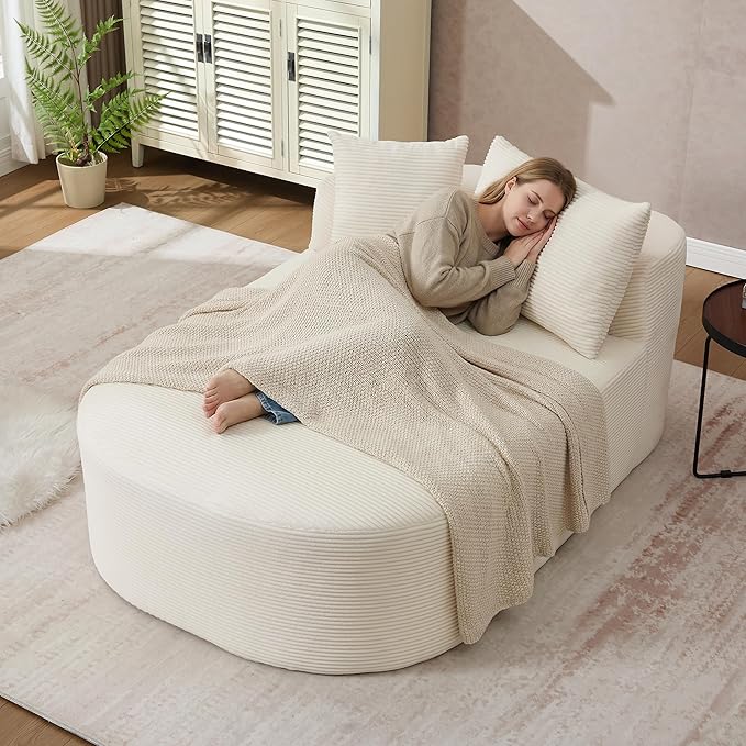 Boneless CouchComfy Fluffy Sofa BedUpholstered Sleeper Sofa with Throw Pillows and ArmrestsCorduroy Plush Cloud Lounge Chair (Beige 67 Chaise Lounge Chair)