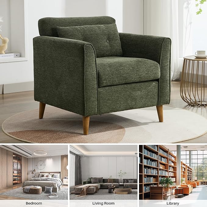 Modern Accent Chair with Wooden Legs Plush Fabric Armchair Cozy Reading Chair for Living Room Bedroom Study (Green Armchair)