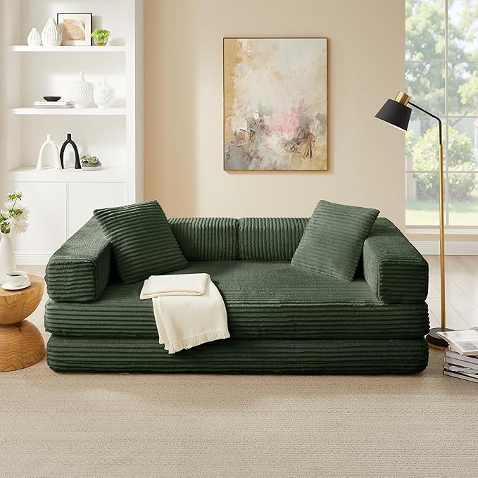 81'' Futon Sofa Bed Folding Floor Couch Bed Corduroy Fabric Boneless Couch Compressed Boneless Sofa in a Box Comfy Sleeper for Living Room-Green