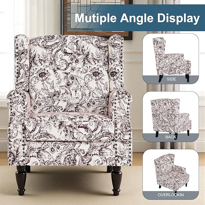 Wingback Chairs Set fo 2 High Back Floral Accent Chair in Fabric Comfy Upholstered Armchair with Nailhead Trim for Living Room Single Sofa Reading Chair for Small Spaces Bedroom-Plum