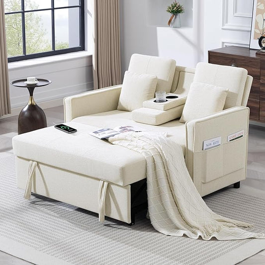 Convertible Sofa Bed 3-in-1 Sleeper Sofa with Pull-Out Bed Chenille Couch Folding Loveseat USB Ports &amp Adjustable Backrest Modern Loveseat for Living Room Apartment Beige
