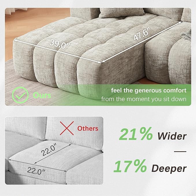 108 L-Shaped Sectional Sofa Compressed Boneless Cloud Couch with Left Chaise &amp Pillows Chenille Upholstered 4-Seater Modular Sofa for Living Room No Assembly Cream Khaki
