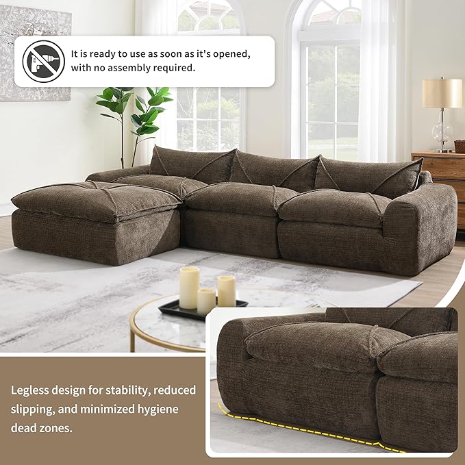 116 Modular Cloud Sectional Sofa with Movable OttomanCompressed Foam Boneless Couch Chenille FabricUpholstered Couches for Living Room BedroomNo Assembly RequiredCocoa Brown