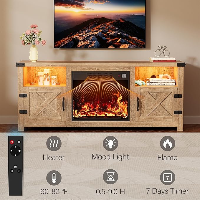 YESHOMY LED Fireplace TV Stand with Mood Lighting TV Cabinet with Open Shelf Farmhouse Media Console with Hidden Cable Routing Entertainment Center for Televisions up to 65+ Inch Natural Oak