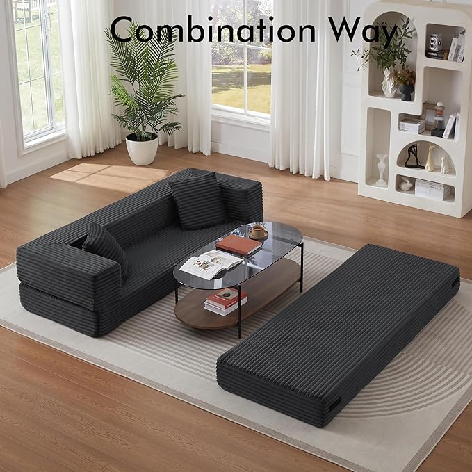 78.8 Convertible Sofa BedFuton Boneless CouchFolding Pull Out Futon Sofa (Deep Gray) | Convert to bed Storage Pocket No Assembly Corduroy Fabric Family size Ease of assembly