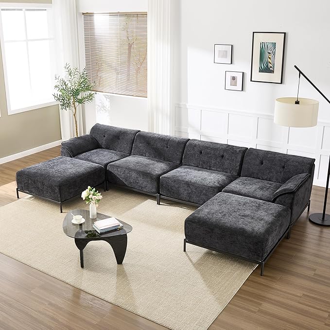 VKNOW 106 Couches for Living Room Modular Sectional Sofa with Wide Armrests and Solid Iron Frame Compressed Couch for Living RoomOfficeChenille FabricL-ShapedBlack