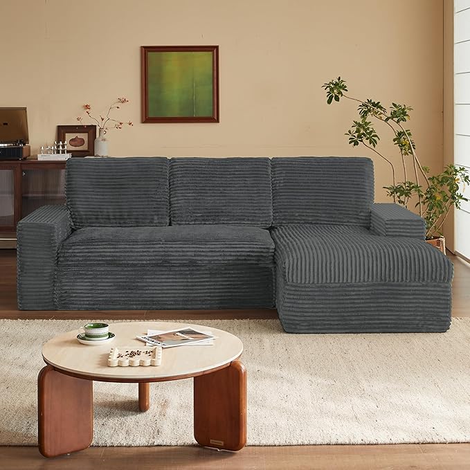 115 Modular Sectional Couch with Chaise Cloud Couch Deep Seat Fluffy Corduroy Sofa Memory Foam Boneless Couches for Living Room Bedroom No Assembly Required (Grey 115 Right Chaise)