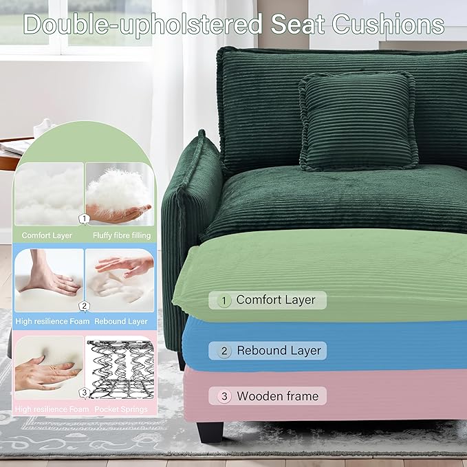 46 W Oversized Chair with Ottoman - Comfy Accent Chair and Ottoman Set Single Corduroy Large Armchair with Extra Thick and Deep Seat Modern Cloud Chaise Lounge for Living Room(Green)