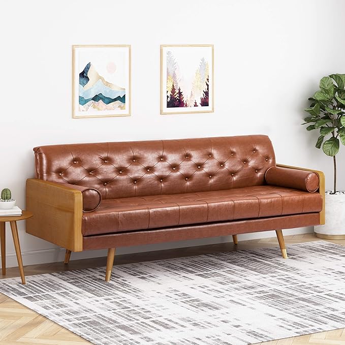 Christopher Knight Home Adelaide Mid-Century Modern Tufted Sofa with Rolled Accent Pillows Cognac Brown Dark Walnut and Gold
