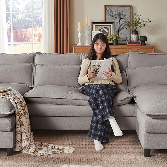 Convertible Sectional Sofa 104 U Shape Cloud Couch Comfy Couches with Double Chaise and Sleepable Armrests 4 Seats Sectional Sofa for Living Room Light Grey