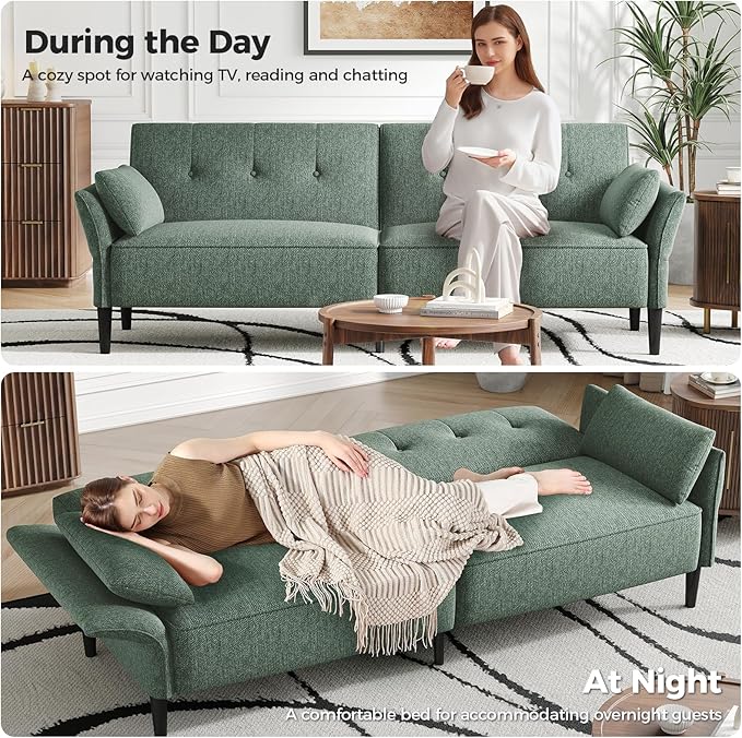 89” Futon Sofa BedComfy Futon Couch Bed with 2 Square PillowsConvertible Sleeper Sofa with Adjustable Backrest&amp Armrests Modern Loveseat Sleeper for Living Room Bedroom Linen Green