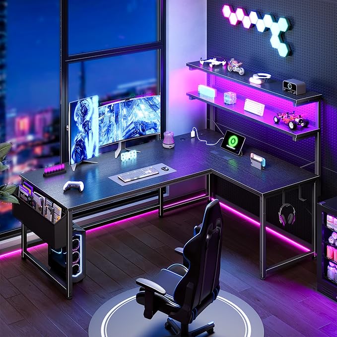 L Shaped Desk Gaming Desk with LED Light &amp Power Outlet 43.3 Inch Reversible L Shaped Computer Desk with Shelf &amp Storage Bag &amp Hook for Home Office Black