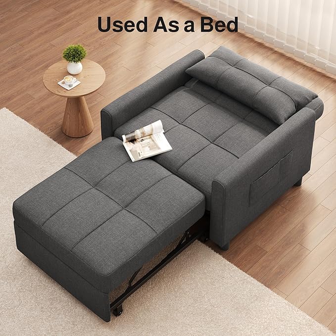 Ahomly Convertible Sofa Bed 3-in-1 Multi-Functional Sleeper Chair Bed Adjustable Backrest Recliner with Modern Linen Fabric for Living Room Bedroom Apartment Small Space Dark Grey