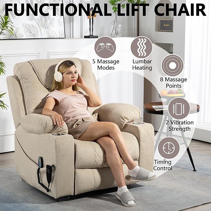 Large Power Lift Recliner Chair Sofa with Massage and Heat for Big and Tall ElderlyInfinite PositionsDual MotorCup HoldersExtended FootrestVelvet Home Theater Seat
