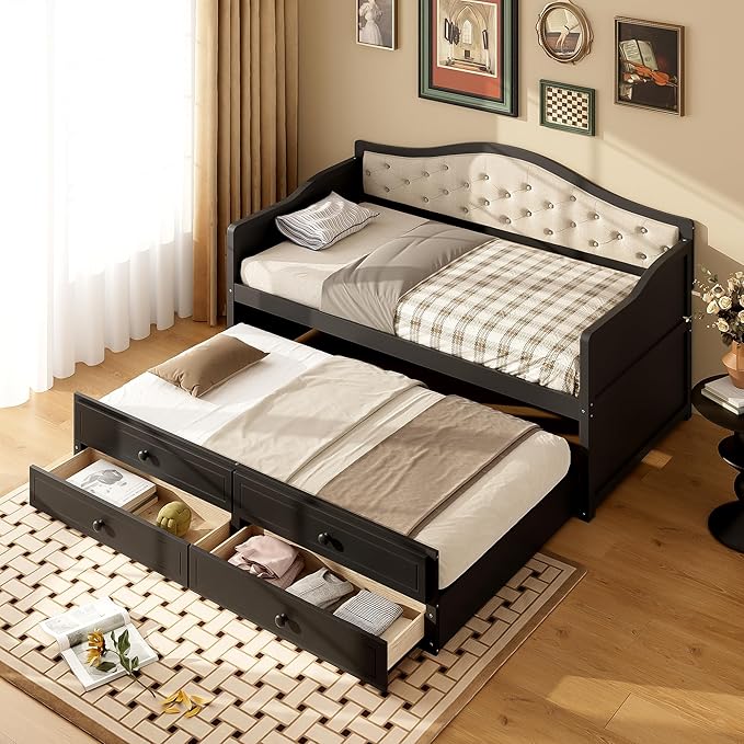 Twin Daybed with Trundle Twin Size Daybed with 2 Storage Drawers Wooden Sofa Bed with Upholstered Button Tufted Backrest for Living Room Bedroom Guest RoomBlack
