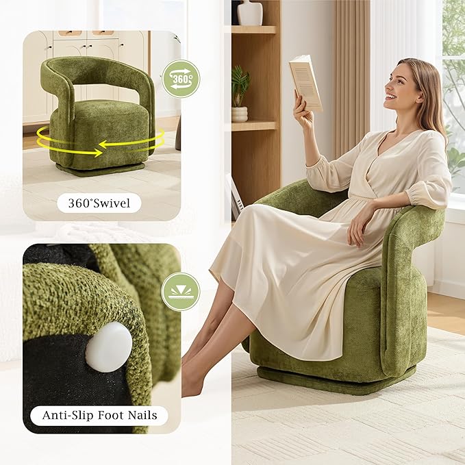 KEIKI Swivel Accent Chair Modern Barrel Chair for Lounge/Balcony 360° Rotation Ergonomic Design Easy Assembly Comfy Chenille Fabric