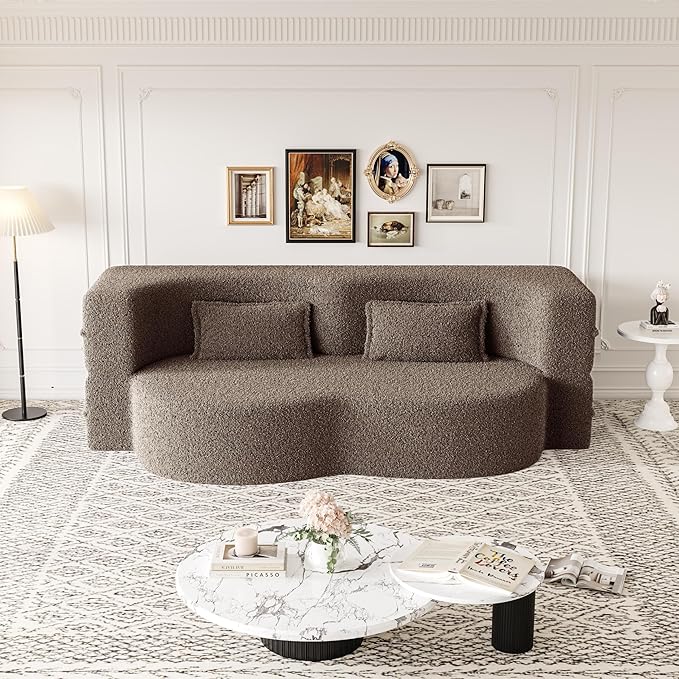 Modern 2-in-1 Convertible Sleeper Sofa Bed Compressed Foam Sofa Curved Loveseat Sofa Bubble Couch Comfy Teddy Sofa Multi-Functional Cloud Couch with Pillows for Living Room Bedroom (Burgundy)