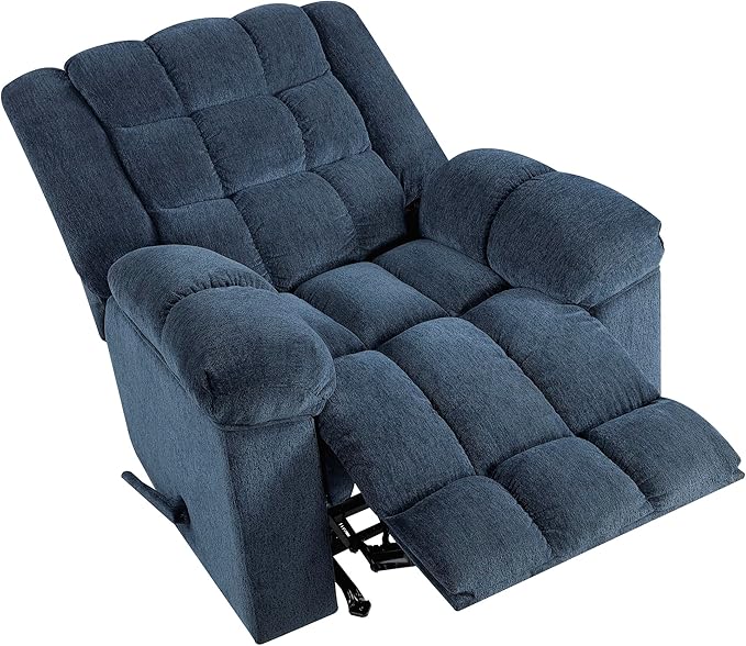 Lexicon Chenille Rocker Reclining Chair for Adults Rocker Pull Handle Recliner Nursery Chair for Living Room/Bedroom High Back Pillow Top Arms High Density Foam Cushions Blue