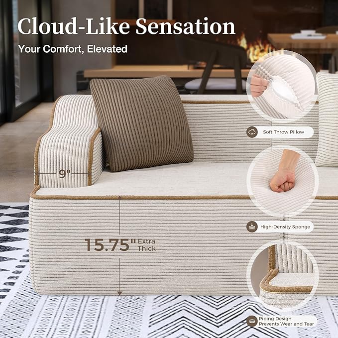 L Shaped Boneless Modular Cloud Couch 133.5'' Oversized Corduroy Sectional Sofa for Living Room 5-Seat Upholstered Modern Couch with Deep Seat No Assembly Required Beige