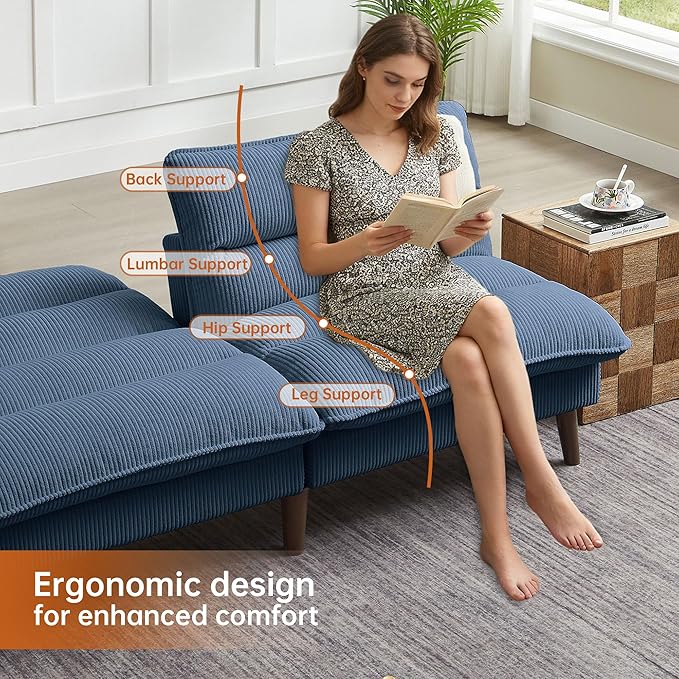 72 Convertible Futon Sofa Bed Loveseat Sofa Corduroy Folding Futon Set with Adjustable Backrest &ampArmrests Recliner Lounge for Living Room Apartment or Office Solid Wood Frame Blue
