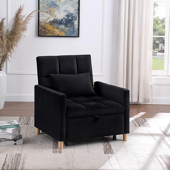 3-in-1 Single Convertible Chair BedSingle Sleeper Sofa Chair Bed with Pillow &amp Pocket Multi-Functional Sleeper Chair Living Room Chair with Velvet Fabric (Black)