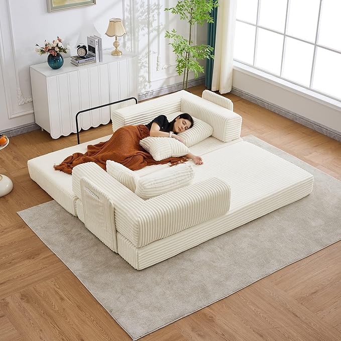 Upgraded King Size Foldable Sleeper Sofa Bed Folding No-Assembly Floor Couch Futon with 4 Pillows Wide Armrests &amp Storage Pockets Corduroy Convertible Sofa for Living Room Apartments Beige