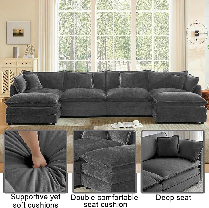 Modular Sectional Sofa 146.5 U Shaped Sectional Couch 5 Seater Comfy Cloud with Movable Ottoman for Living Room(Grey 146.5 inch U-Shaped)