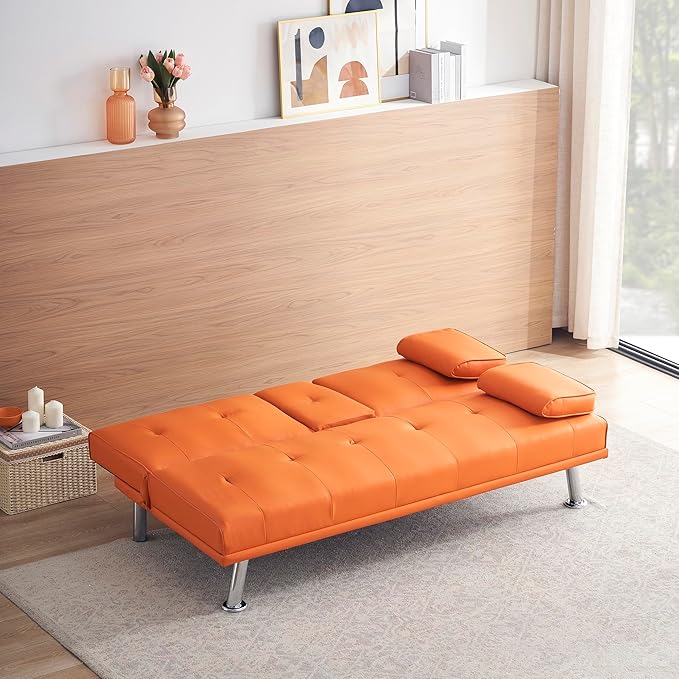 Futon Sofa Bed Modern Folding Couch for Small Space Faux Leather Convertible Loveseat Sleeper Bed Daybed Recliner Lounge Sofas for Living Room2 Cup HoldersMetal LegsRemovable Armrests (Orange)