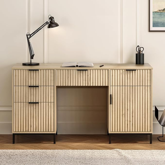 55 Large Fluted Executive Desk with File Drawer Computer Desk with Storage and Charging Station Modern Wooden Home Office Desk for Workspace Writing Study Light Oak