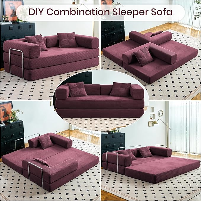Compression Sofa - 62''Convertible Floor Sofa Bed - with Pillow Back Support Armrest - Comfy Foldable Sofa Bed Compressed Sofa in Box - Corduroy Fabric - for Living Room Bedroom (Wine Red)