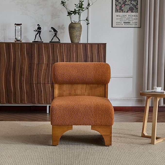 Christopher Knight Home Devon Modern Minimalist Boucle Fabric Upholstered Accent ChairWooden Lounge Chair with Rolled Backrest+Soft Padded SeatComfy Reading ChairLiving Room/BedroomBrownish Orange