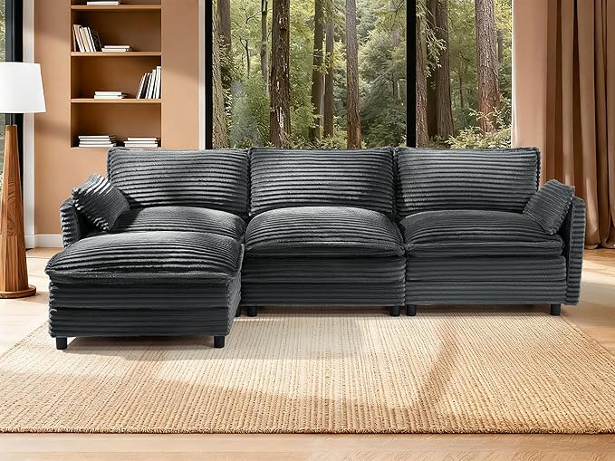 115'' Modular Sectional Sofa Comfy Cloud Couch with Movable Ottoman Deep Seat Corduroy L Shaped Modular Sofa Sectional Couches for Living Room Bedroom and Apartment Dark Grey