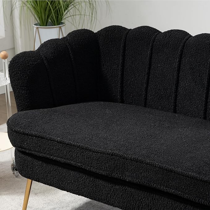Black Modern Boucle Loveseat CouchFuton Small Sofa with Gold Metal Legs 2-Seater Upholstered Mini Sofa Couches for Small SpaceLiving Room Bedroom Office Dorm Studio Apartment Couche(Black)