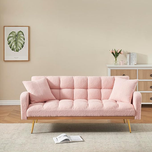 69-inch Convertible Sofa Bed with Two Throw Pillows Suitable for Living Room Bedrooms Offices Pink