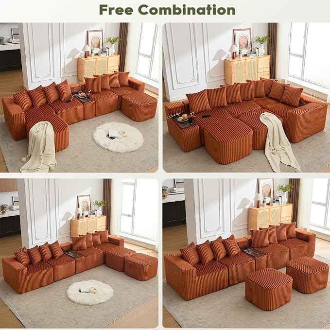 KEIKI 137.5 Modular U Shaped Sofa Oversized Corduroy Sectional Couch with Movable Footstool Cup Holders Wireless Charging Board Flexible No Assembly Sofa for Apartment or Loft