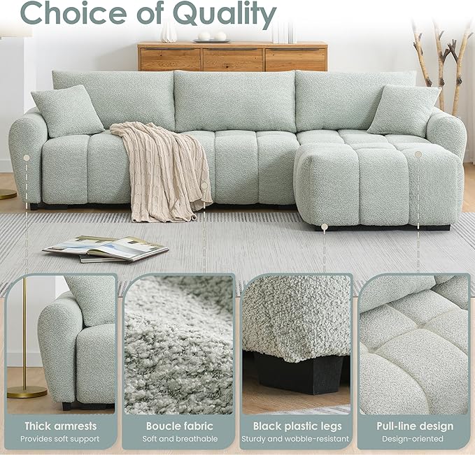 110 Modular Sectional Sofa L Shape with Extra-Large Seat Pull-line Design Movable Ottoman High Density Foam Free Combination Sturdy Metal&ampWood Frame Boucle FabricLight Green