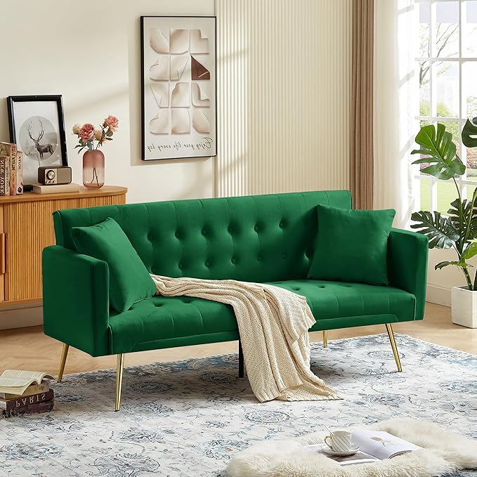 Anwick Modern Velvet Futon Sofa Bed: 72 Satin Convertible 2 Pillows Tufted Back Golden Metal Legs Folding Sleeper Loveseat for Small Space Home Office Living Room (Green)