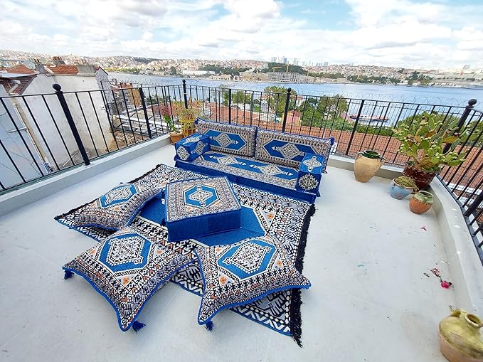 arabicsofa U Shaped Arabic Sofa Set – Royal Blue Modular Floor Seating for Guest Room