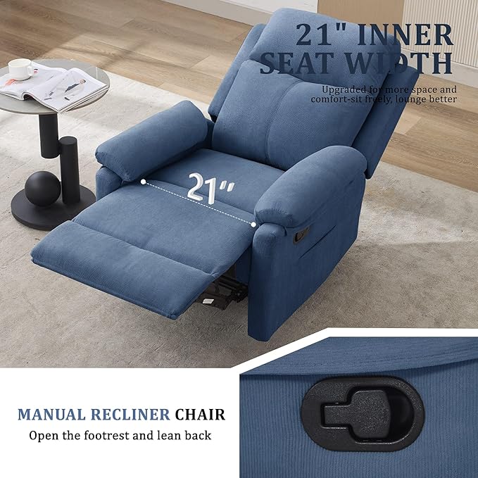 Recliner Chair Manual Recliner for Adults with Side Pocket Small Recliners for Small Spaces Adjustable Comfy Overstuffed Corduroy Reclining Chairs for Living Room Reading Bedroom Blue