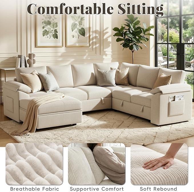 108 Inch Sectional Sleeper Sofa Bed with Pull Out Couch U Shaped 7 Seat Cloud Modular Sectional Sofa with Storage Corduroy Sectional Couches for Living Room Removable Sofa Cover Beige
