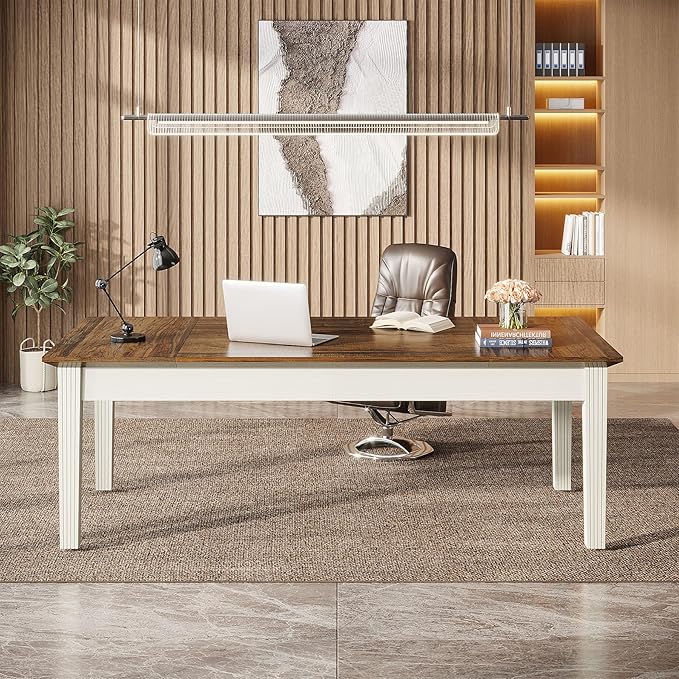 Tribesigns 62-Inch Computer Desk Large Office Executive Desk with Solid Wood Legs Modern Simple Laptop Desk Study Writing Table Workstation Furniture for Home Office Rustic Brown &amp Cream White