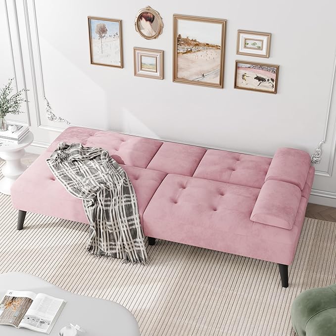 JAMFLY Futon Sofa Bed 64 Small Futon Couch with Adjustable Backrest 3-Angle Recliner Detachable Armrests with Cup Holders for Small Spaces Living Room Office Apartment Study Room (Pink)