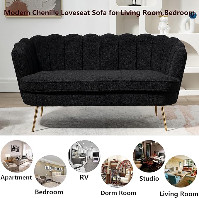 Boucle Small Sofa Couch for Small Spaces Living Room Bedroom59 Loveseat Couches with Gold Metal LegsChannel Tufted 2 Seater Sofas with Curved Back and Arms for ApartmentRV.