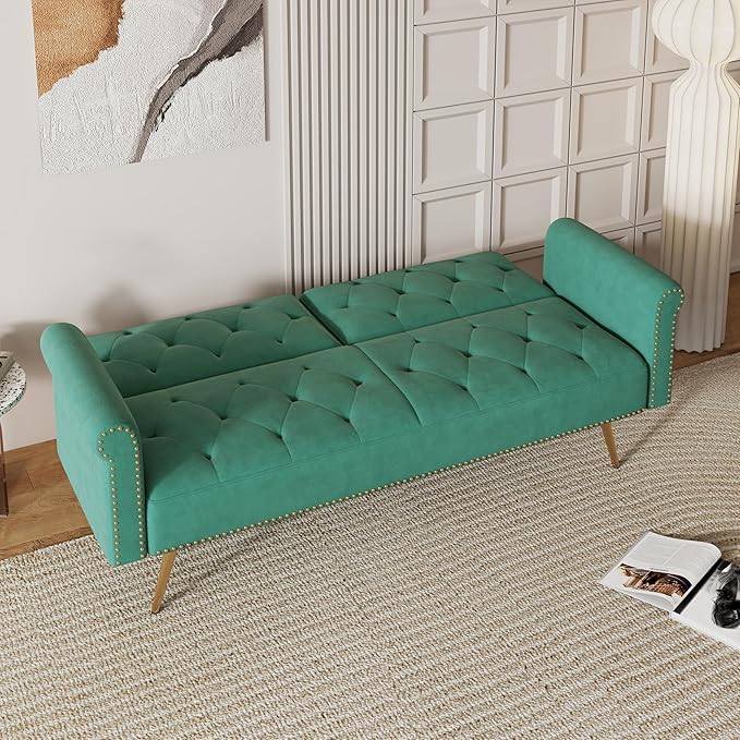 Stylish Velvet Sofa 70 Sofa Sleeper Convertible with Matching Pillows for Living RoomApartmentSmall Spaces (Green)