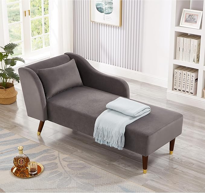 58 Modern Velvet Sofa Chaise with Tilted Backrest Comfortable Luxurious Lounge Chair with Curved Armrests Stylish Sofa Couch with Solid Wood Legs for Study Room Apartment Bedroom Living Room Grey