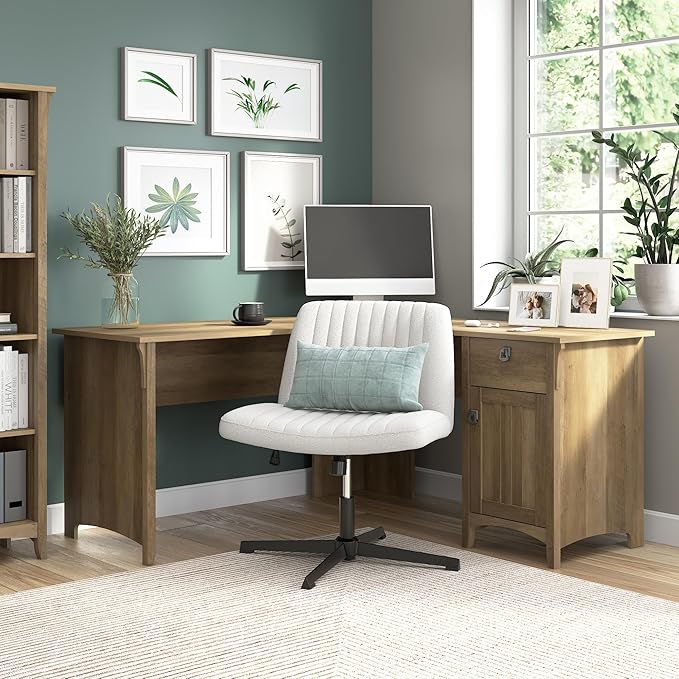 Bush Home L Shaped Desk with Storage for Home Office Modern Farmhouse Corner Table with Drawers and Cabinets Salinas Collection Reclaimed Pine