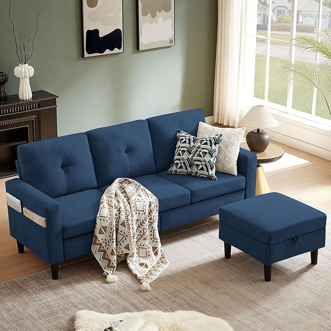 79 Convertible Sectional Sofa Small L Shaped 3 Seat Couch with Storage Chaise and Side Pocket Modern Linen Fabric Reversible Sofa Couches for Living Room Apartment and Small Space