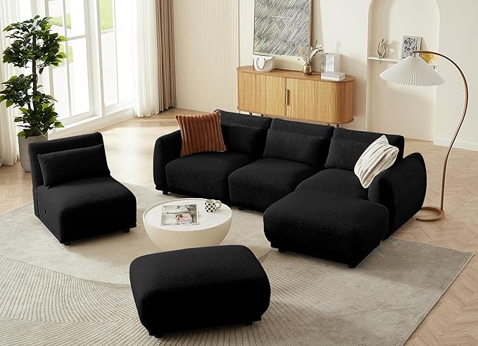 U Shaped Cloud Sectional Convertible L Shaped Couch with Removable OttomansModular Cloud Couch Sectional for Living Room (4 Set + 2 Ottomans - Black)