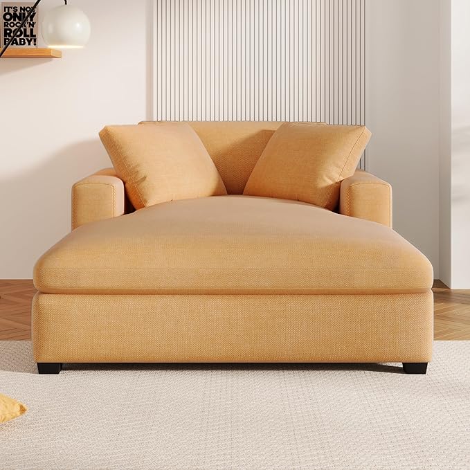Christopher Knight Home Larrz Oversized Chaise Lounge Chair Indoor Cozy Upholstered Sleeper Sofa Couch Durable Wood Frame Deep Seat Reading Chair with 2 Throw Pillows and Armrests Yellow