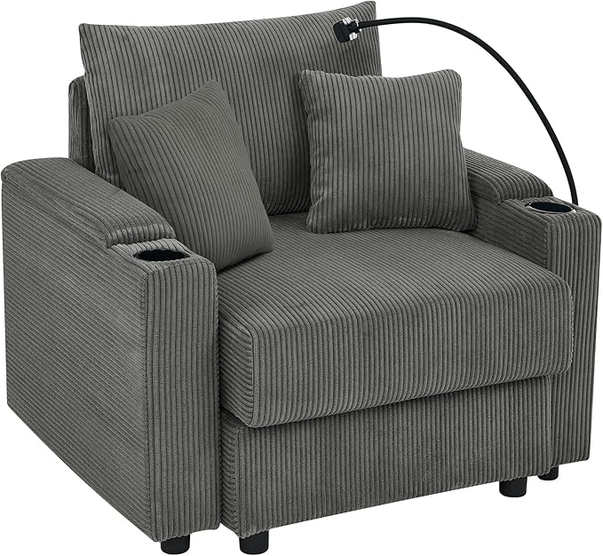 Accent Chair with Storage ArmrestComfy Living Room Chairs with 8'' CushionTwo Cup Holders A Phone Holder for Living RoomGrey